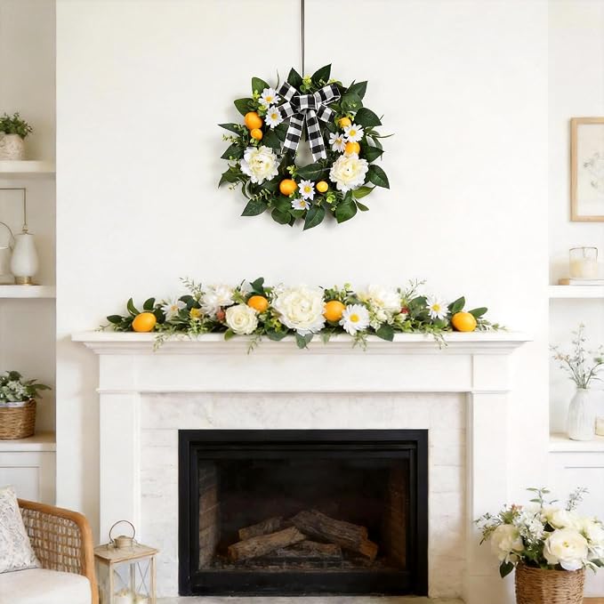 Garvee 20" Lemon Wreath for Front Door, Spring Summer Fruit Wreath | with Artificial Yellow Lemon Peony Flower and Buffalo Check Bow, Lemon Decor for Farmhouse Kitchen Porch Wall Home Decor