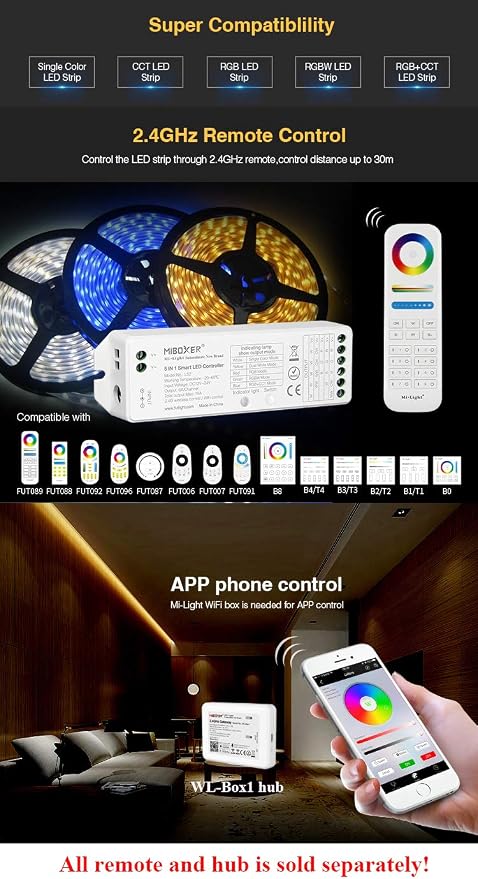 LGIDTECH LS2 LED Strip Lights 5 in 1 Controller,Compatible with Single Color,RGB,RGBW,WW+CW,RGB+CCT LED Strip Lights,Smartphone APP Control via Gateway(Excluded)