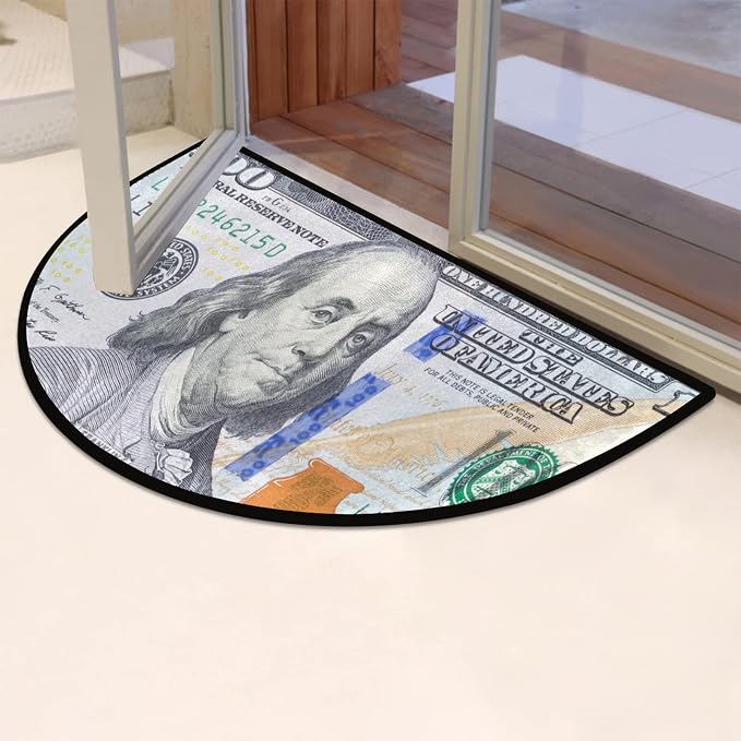 Pardick Money 100 Dollar Bill Half Round Doormat, Non-Slip Half Circle Area Rug, Durable Washable Runner Mat for Living Room Bedroom Indoor Outdoor Kitchen Floor Home Decor Half Moon Rug