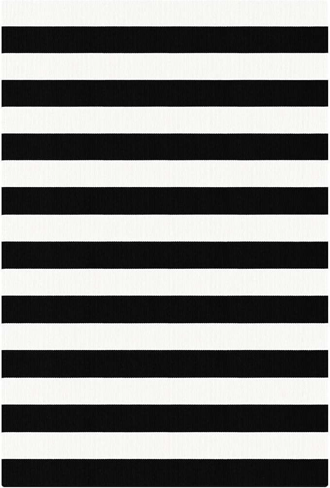 KOZYFLY Black and White Striped Area Rug 4x6 Ft Outdoor Rug Washable Indoor Outdoor Rug Hand Woven Cotton Door Mat Outdoor Entrance Mat for Front Door Kitchen Entryway Patio Front Porch Decor