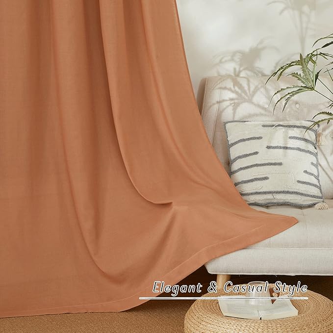 NICETOWN Linen Burnt Orange Curtains 90 inch Length 2 Panels, Grommet Privacy Added Thick Flax Linen Burlap Semi Sheer Light Filtering Window Treatments for Bedroom/Girls Room, W55 x L90