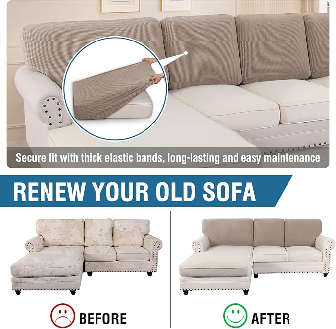 H.VERSAILTEX Backrest Cushion Covers Sectional Couch Back Cushion Covers for Sectional Sofa Set for Both Left/Right Couch (Back Only: 1 Chaise + 2 Sofa, Sand)