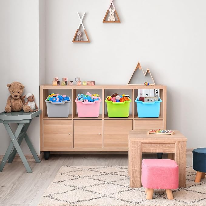 Dandat 16 Pcs Plastic Book Bins for Classroom Library Cubby Bins Scoop Front Stackable Toy Storage Tubs Containers for School Office Home Nursery Playroom Organization (Candy Color)