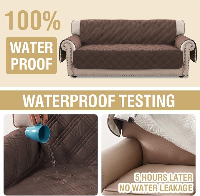 H.VERSAILTEX 100% Waterproof Sofa Covers for 3 Cushion Couch Modern Sofa Cover for Dogs XL Couch Covers for Oversized Sofa with Elastic Straps (Oversized Sofa, Brown/Beige)
