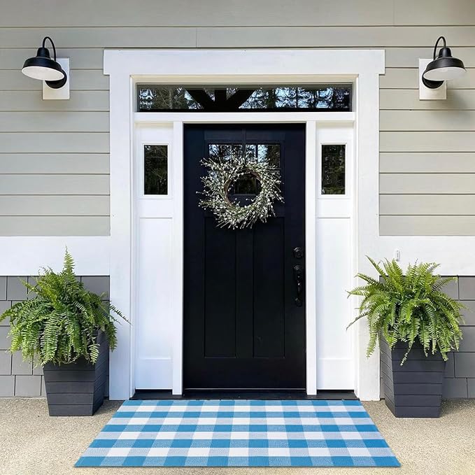 Ckorzen Blue and White Plaid Rug, 4' x 6' Spring Outdoor Front Porch Door Decor Mat, Washable Cotton Woven Farmhouse Area Rug for Layered Door Mats Carpet, Entryway, Easter Décor