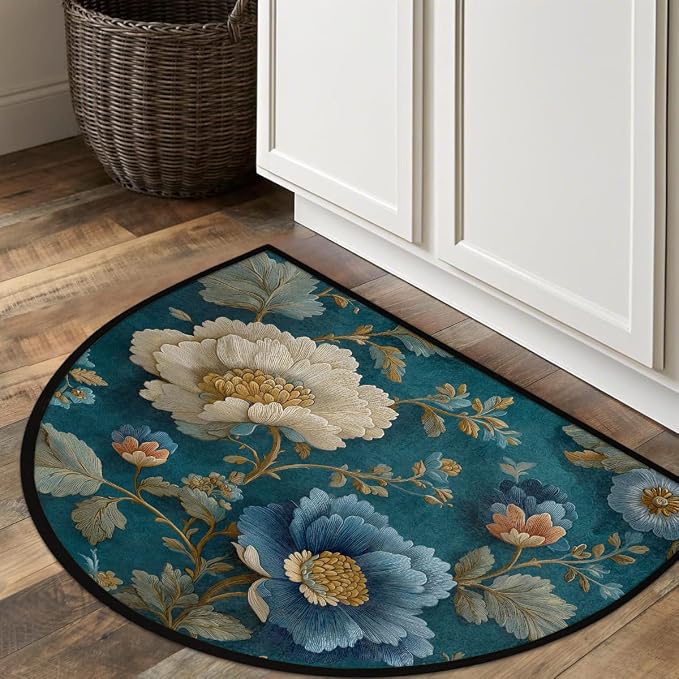 Flower Half Round Door Mat Semi Circle Rug Half Moon Doormat | Soft Washable Teal Blue Welcome Entrance Mat for Outdoor Indoor Floor Bedroom Bathroom Home Kitchen Festival Decor