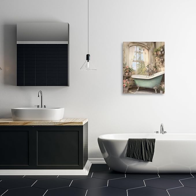 Bathroom Floral Filled Shelves, 24 x 30 Inch Canvas Wall Art | Stupell Industries · By Lettered and Lined · Ready to hang · Serene cottage charm for bathroom spaces · Made in USA