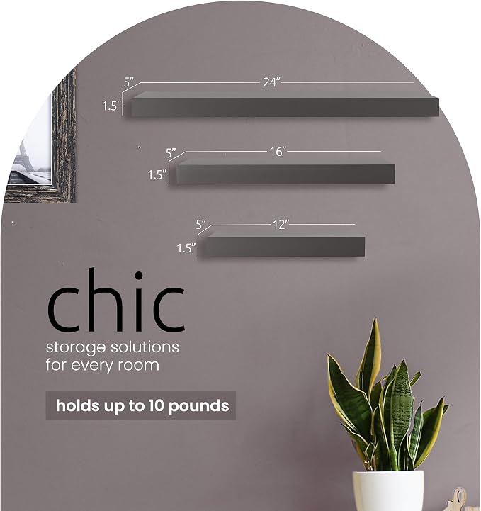 Kiera Grace Stockholm Maine Floating Shelves for Wall, MDF Display Shelves, Easy to Assemble, Ideal for Home Decor, 12"/16"/24" W x 5" D x 1.5" H, Gallant Gray, Pack of 3