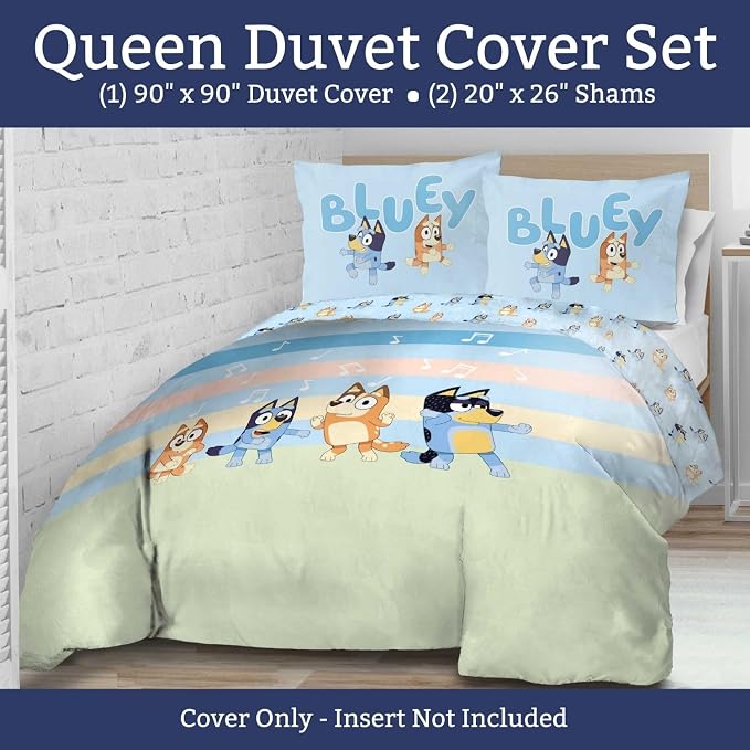 Jay Franco Kids Duvet Cover Set – 3 Piece Super Soft Bedding with Sham Pillowcase, Cover ONLY Comforter Not Included, Multi - Bluey, Queen