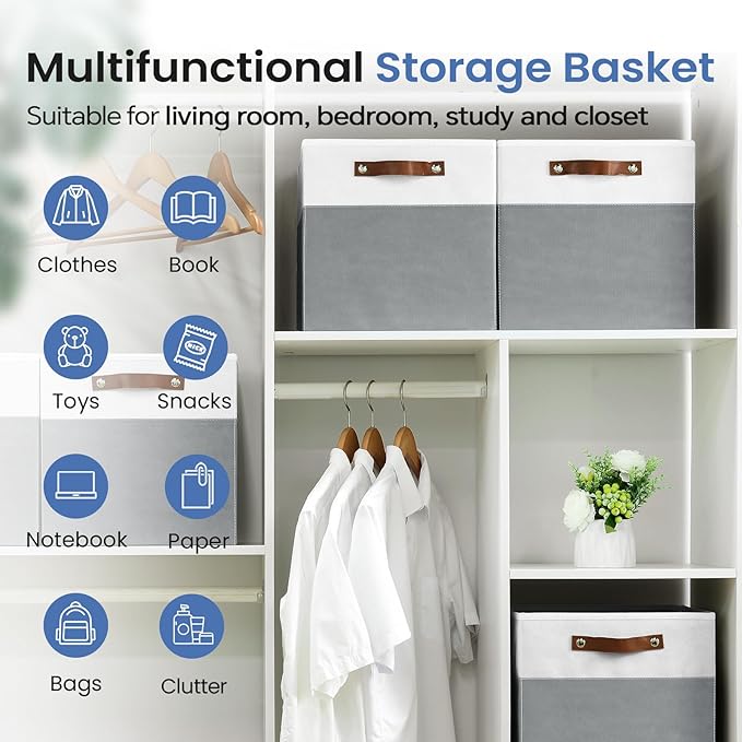 FinishingBo 13 inch Storage Bins with Labels 6 Pack | PU Leather Handles, Foldable Storage Cubes, Storage Baskets, Closet Storage, White/Dark Grey