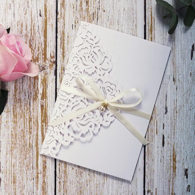50PCS White Customized Quinceanera Invitation Cards with Envelopes 5x7.3 Inch Laser Cut Hollow Rose Pocket with Ribbon invitations for Quincenera Birthday Invite