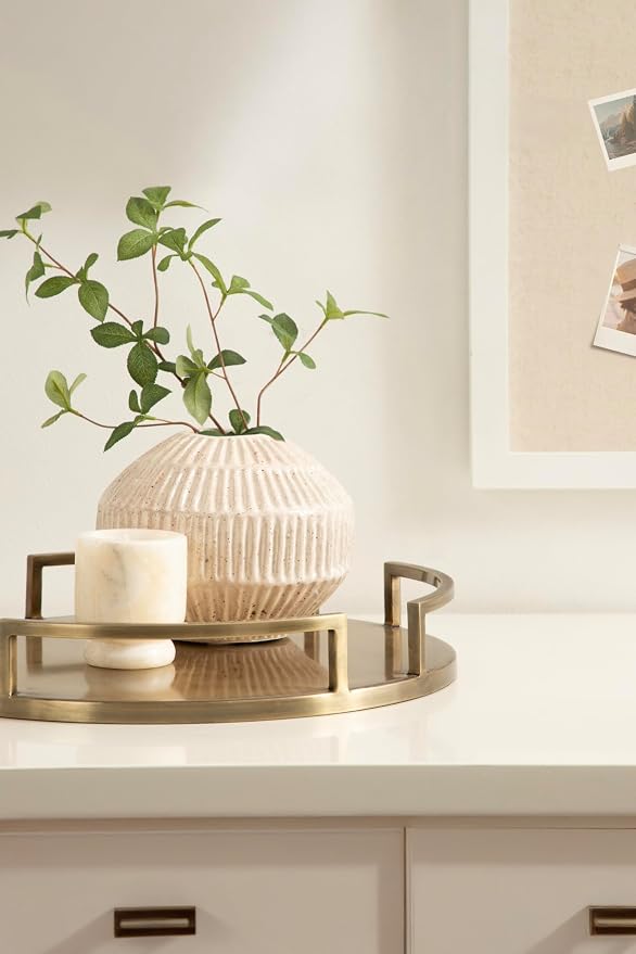Kate and Laurel Gohana Round Tray with Metal Handles; 16 Inch Diameter; Antique Brass; Modern Glam Serving Tray with Handles for Use as Ottoman Topper or Living Room Decor