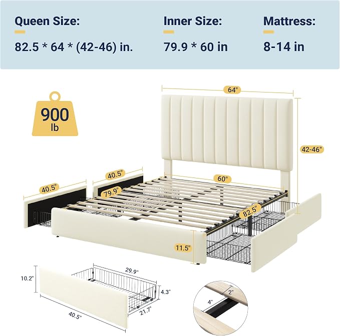 Allewie Queen Size Storage Bed Frame, Vertical Channel Tufted Adjustable Headboard, Velvet Upholstered Platform Bed with 4 Oversized Underbed Drawers, Wooden Slats Support, No Box Spring Needed, Cream