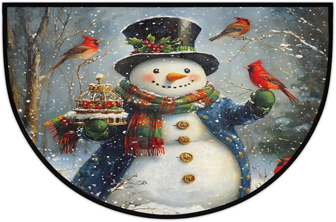 Christmas Xmas Half Round Door Mat Christmas Cardinal Cute Snowman Half Moon Rug Washable Half Circle Area Rugs Indoor Entrance Non Slip Semi Circle Rugs Floor Carpet for Kithen Bedroom Decorate Gift