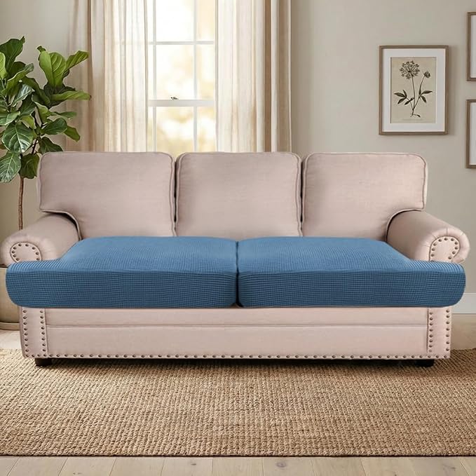 H.VERSAILTEX Stretch 2 Piece T Cushion Sofa Slipcovers Individually Sofa Cushion Covers for 2 Cushion Couch Sofa Seat Cushion Covers with Elastic Bands Featuring Thicker Jacquard Fabric, Dusty Blue