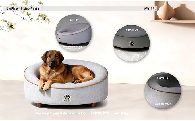 Human & Pet Shared Round Dog Bed, High Resilience Foam with Solid Pine Leg Frame, Indoor Pet Furniture(Light Grey)