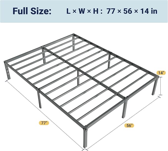 Allewie Full Size Bed Frame, 14 inch Metal Beds with Storage Space, Grey | Heavy-Duty Metal Platform Beds, Large Under-Bed Storage Space, No Box Spring Needed, Easy Assembly