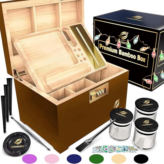 HOVANZO Premium Large Bamboo Storage Box with Organizer Tray - Storage Wood Box and Accessories - Decorative Box with Combination Lock - Large Wooden Container - Box Kit with Glass Jars