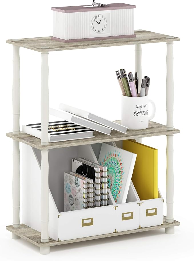 Furinno Turn-N-Tube 3-Tier Compact Multipurpose Shelf Display Rack with Classic Tube, Sonoma Oak/White | Open Shelves Corner Shelf, Book Shelf, for Organization and Storage, Living Room, Garage, Home Office