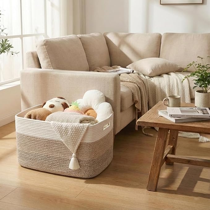 JMvicyroam 65L Large Woven Cotton Rope Blanket Basket, White&Brown | Blanket storage for living room or bedroom use, Freestanding with reinforced handles, Entire basket is machine washable