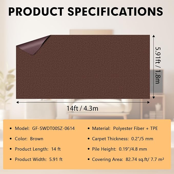 Grefinity Marine Carpet,6 FT x 14 FT Brown Indoor Outdoor Carpet 0.2" Thick Boat Rug with Water-Proof TPE Backing for Home, Patio, Porch, Deck