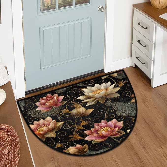 Ethnic Lotus Half Round Rug Half Moon Door Mat Half Circle Rugs | Flowers Art Washable Non-Slip Semi Circle Rug Welcome Half Round Door Mat Indoor Entrance Kitchen Bedroom Living Room Decor