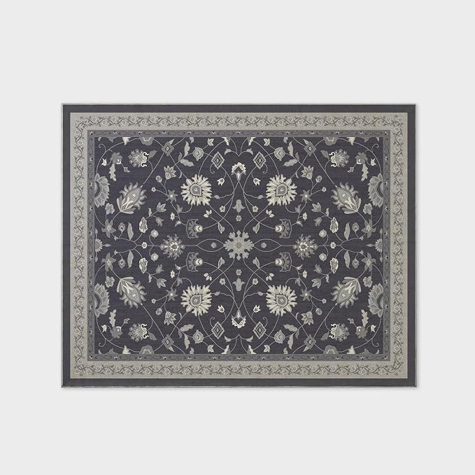 EVERGRACE Area Rugs for Living Room 8x10, Boho Floral Faux Wool Indoor Outdoor Rugs, Washable Rugs for Bedroom Dining Room Entryway Kitchen, Low Pile Floor Mat Carpet for Home Decor, Ebony Black