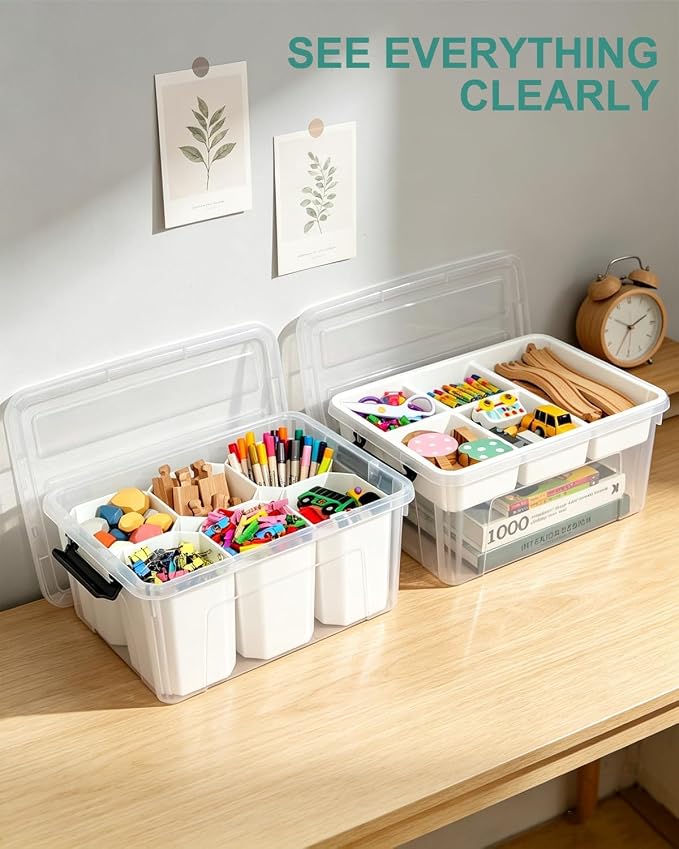 NUMIFUN 17QT Clear Storage Bins with Lids & Dividers for Crafts | Stackable 17-quart transparent box featuring 6 tall removable inserts. Perfect for organizing crafts, tools, toys & crayons