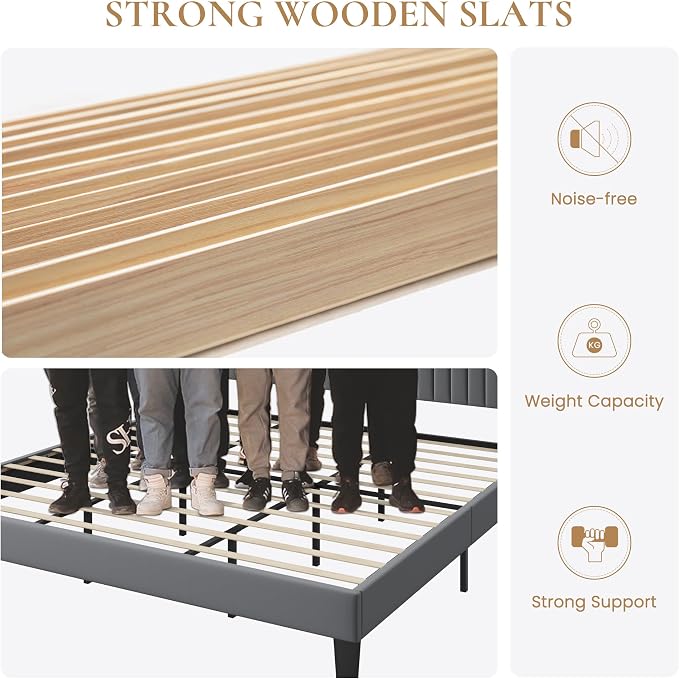 SHA CERLIN King Size Velvet Bed Frame with Shelf, Charging Station, Grey | Wingback Storage Headboard, Upholstered Platform Bed, Wooden Slats Support, No Box Spring Needed, Easy Assembly, Noise Free