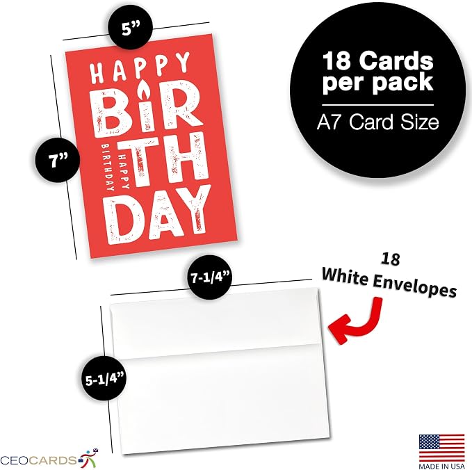 Happy Birthday Cards Bulk Greeting Card Set (Candle) 18 Pack & White Envelopes - 5x7 Inch Birthday Theme for Family, Women, Men, Coworkers & Office (B2409)