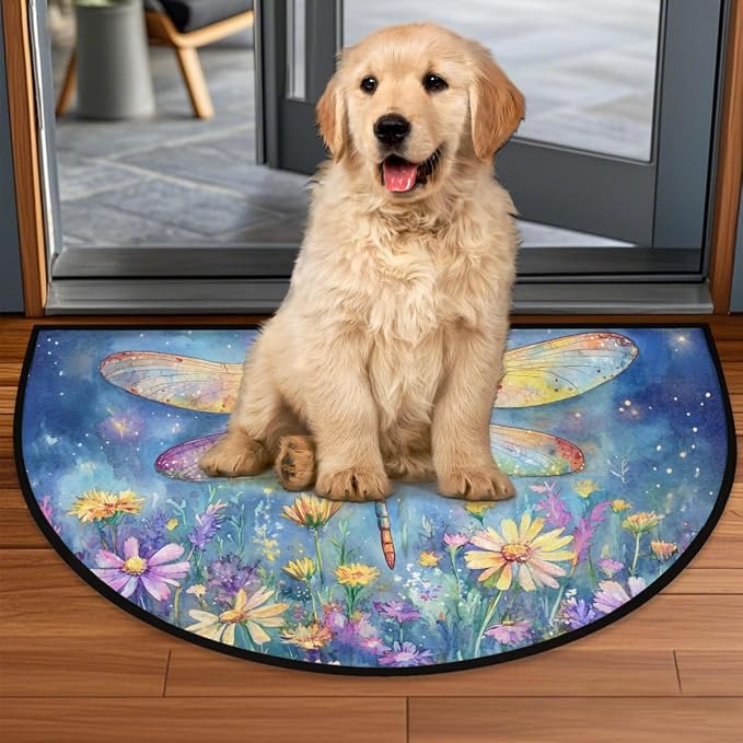 Dragonfly Half Round Door Mat Outdoor Doormat Bedroom Entrance Rug A16 | Dragonfly Flower Floral Semi Moon Door Mat Non-Slip Absorbent Kitchen Rug Indoor Welcome Bath Mat 36" X 24"