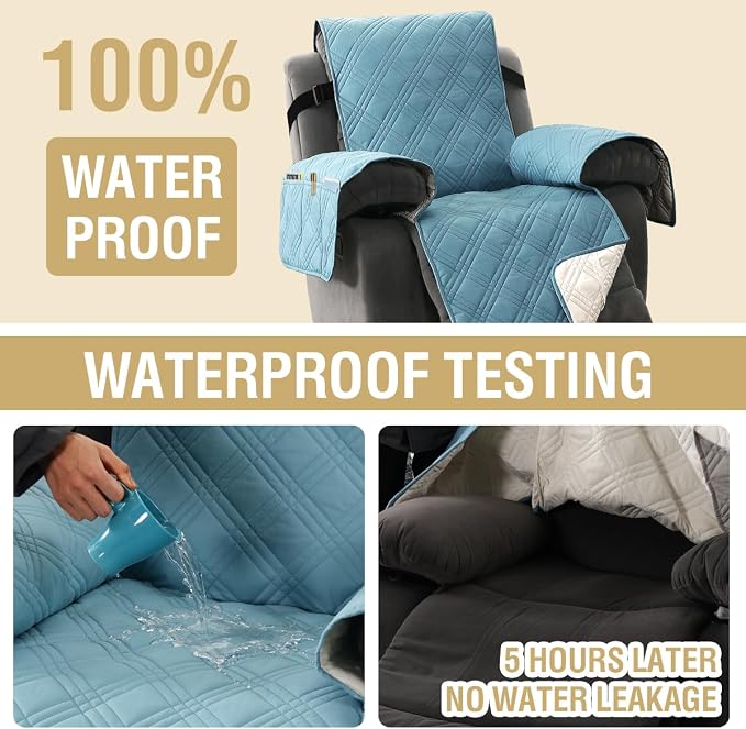 H.VERSAILTEX 100% Waterproof Small Recliner Chairs for Adults Lazy Boy Recliner Chair Covers Furniture Protector with Elastic Straps for Pets Kids Sitting Width Up to 23" (Recliner, Smoke Blue/Beige)