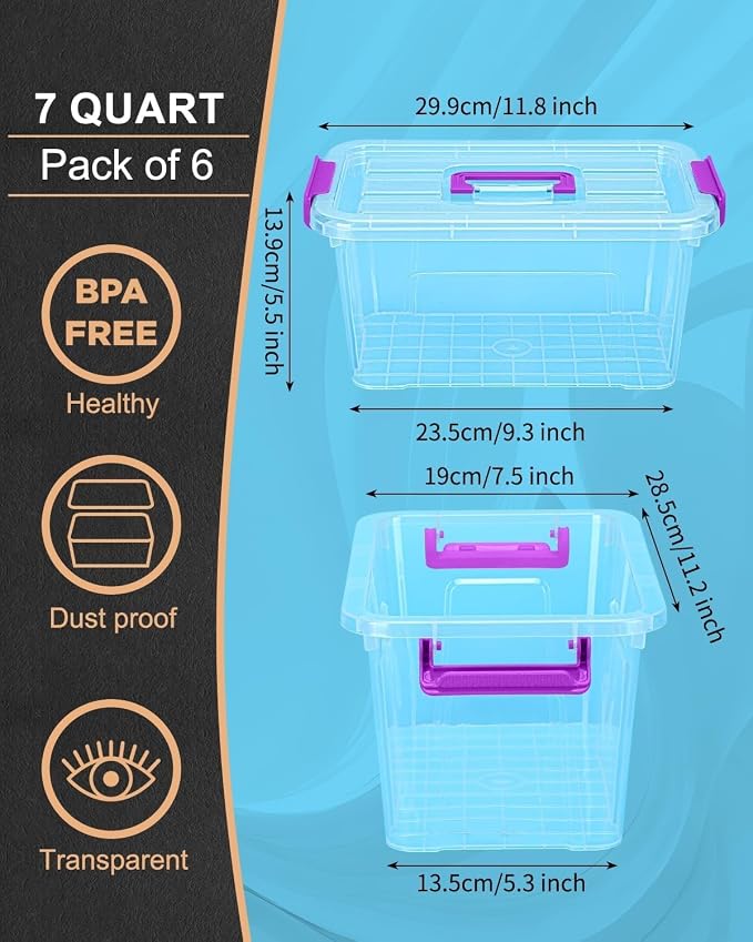 7Qt Clear Storage Bins with Lids,6-Pack Stackable Storage Containers | With Buckle Latches.Perfect for LEGO, Crafts, Office Supplies, and Dorm Room Organization, Clear