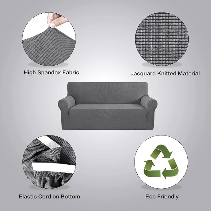 H.VERSAILTEX Stretch Couch Covers for Sofa 1 Piece Slipcovers for Couches and Sofas 3 Seater Couch Cover Feature Thick Checked Jacquard Fabric with Elastic Bottom(Large Sofa 90"-100" Wide, Grey)