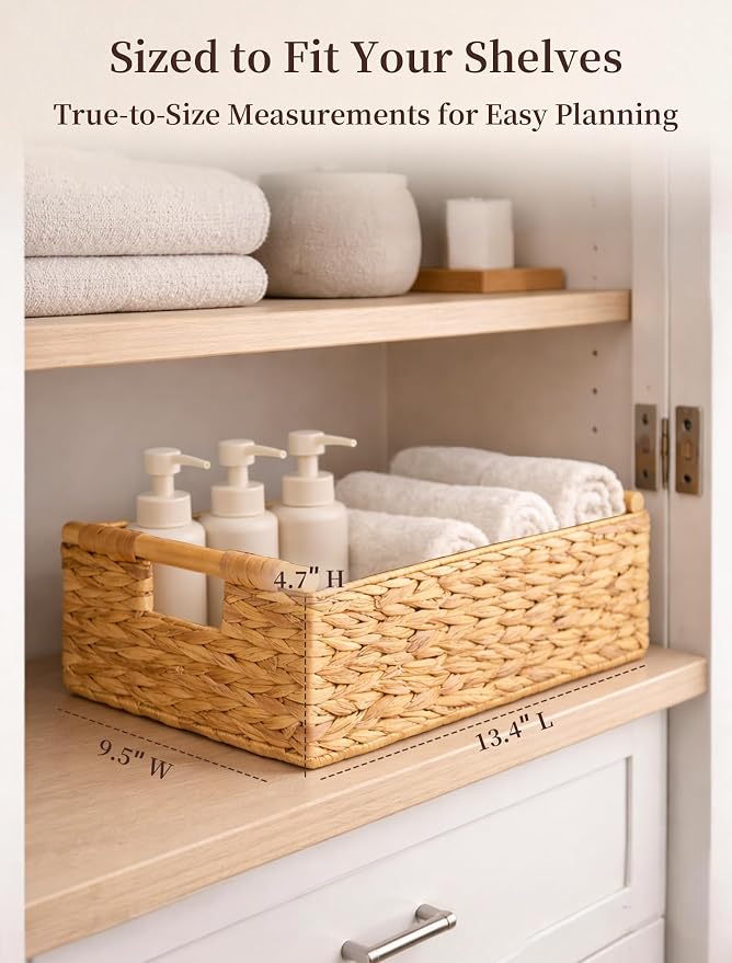 Wicker Basket, Large Basket for Gift Baskets Empty, 13.4x9.5x4.7in | Water Hyacinth Woven Basket for Organizing, Rectangular Basket with Wooden Handles for Shelves, Snacks, Toys, Books, Laundry