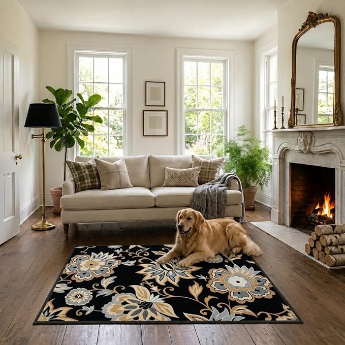 Black Floral Washable Rug 3x5, Ultra Thin Resistant Paisley Bedroom Rugs, Non-Slip Vintage Entryway Carpet, Boho Print, for Living Room, Kitchen, Office