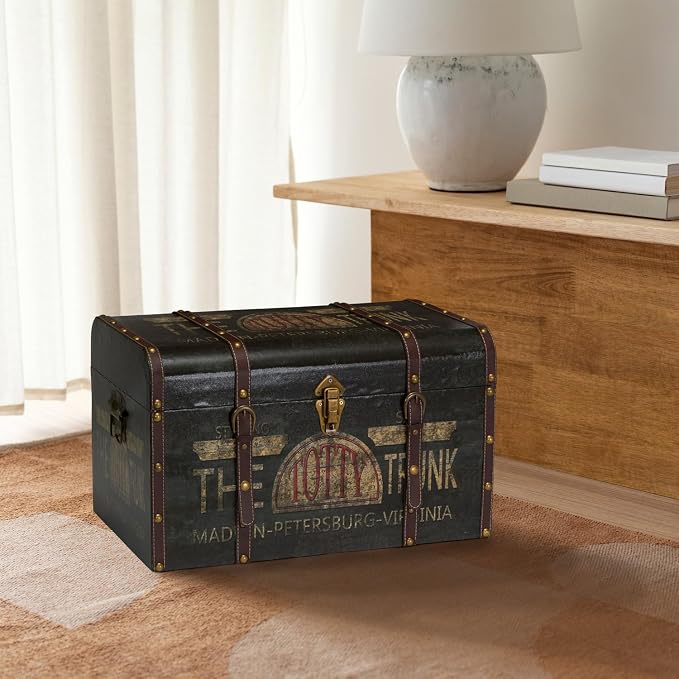 Household Essentials Large Decorative Storage Trunk with Vintage Decoupage, Leather and Metal Accents, Green and Black Finish