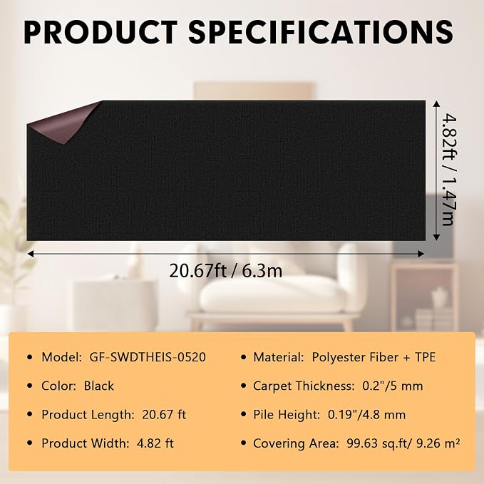 Grefinity Marine Carpet,5 FT x 20 FT Black Indoor Outdoor Carpet 0.2" Thick Boat Rug with Water-Proof TPE Backing for Home, Patio, Porch, Deck