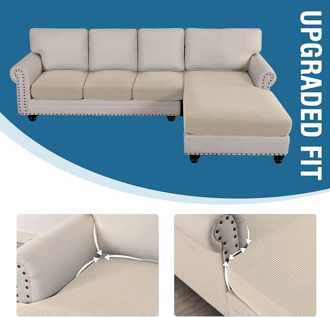 H.VERSAILTEX Sectional Couch Covers 4 Pieces Sofa Seat Cushion Covers L Shape Separate Cushion Couch Chaise Cover for Both Left/Right Sectional Couch (Seat Only: 1 Chaise + 3 Sofa, Natural)