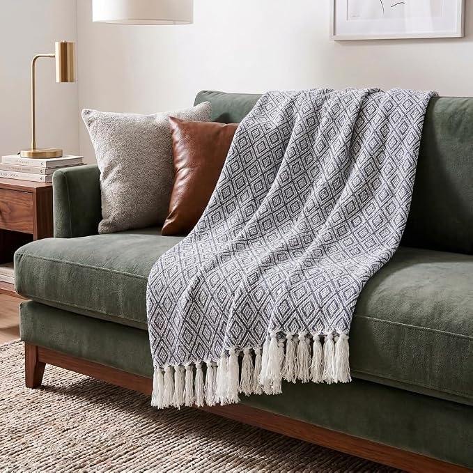 Americanflat 50x60 Throw Blanket - Soft and Breathable Cotton Throw Blanket for Couch, Bed, Chair - Decorative Blankets Perfect for Home or Outdoor Use - Navy Blue and White Double Diamond Design