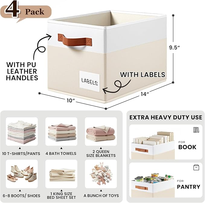 4 Pack Large Closet Storage Baskets for Shelves - 14x10 Heavy Duty Closet Shelf Organizer Bins with Handles & Labels - Decorative Collapsible Baskets for Organizing Living Room Bedroom Nursery Dorm