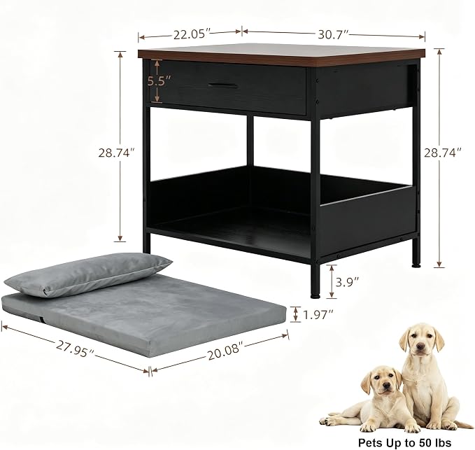 Dog Bed End Table with Storage Drawer and Washable Cushion, Black & Walnut | Open Elevated Dog Bed Furniture for Small Medium Dogs Up to 50 lbs, Metal Frame, Drawer, for Living Room, Bedroom Bedside