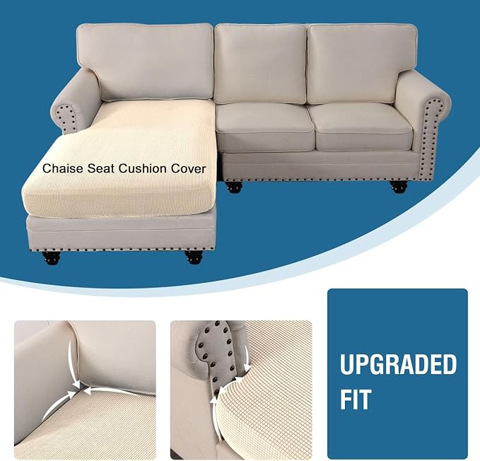 H.VERSAILTEX Sectional Couch Covers 1 Piece Chaise Slipcover L Shape Separate Cushion Couch Cover for Both Left/Right Sectional Couch (Seat Only: 1 Chaises, Cream)