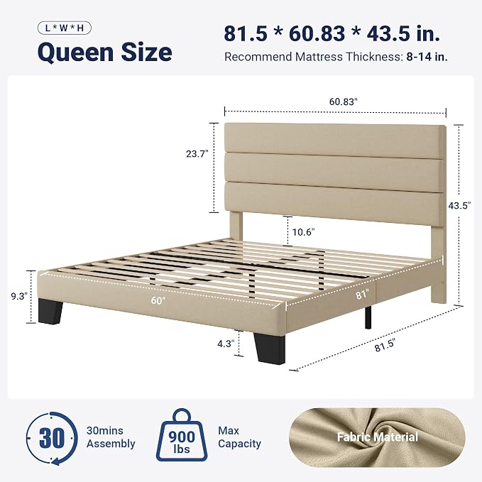 Allewie Queen Size Platform Bed Frame with Fabric Upholstered Headboard | Wooden Slats Support, Fully Upholstered Mattress Foundation, No Box Spring Needed, Easy Assembly, Noise-Free, Beige