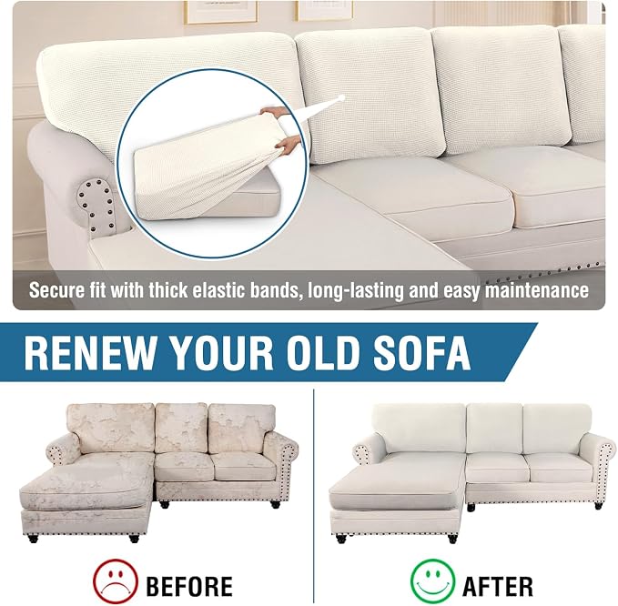 H.VERSAILTEX Backrest Cushion Covers Sectional Couch Back Cushion Covers for Sectional Sofa Set for Both Left/Right Couch (Back Only: 1 Chaise + 2 Sofa, Ivory)