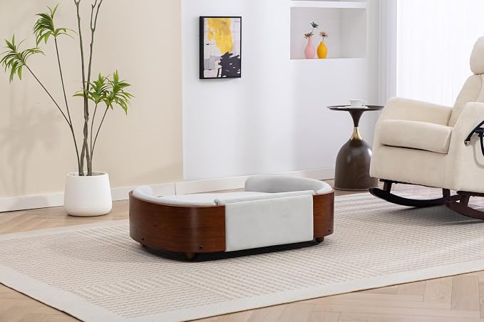 Scandinavian Style Elevated Dog Bed Pet Sofa with Solid Wood Legs and Bent Wood Back, Velvet Cushion, Large Size, Walnut Frame & Beige Cushion