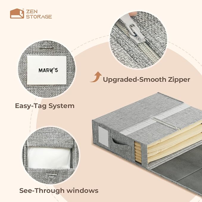 Sheet Organizers and Storage for Linen Closet, 4Pack Grey | 1200D Linen-Type Cloth, Fits King and Queen Sheet Sets, Clear Window and Label Slot, Foldable Dustproof Storage with Handle