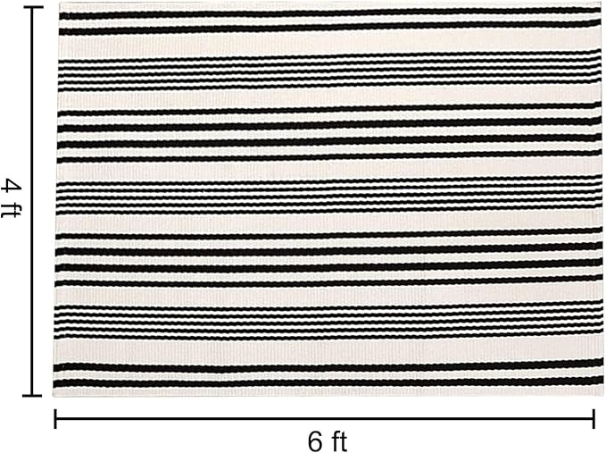 Black and White Striped Outdoor Rug 4' X 6' Front Porch Rug Cotton Hand-Woven Welcome Mats Layered Door Mats for Front Porch/Entryway/Laundry Room/Bedroom/Outdoor