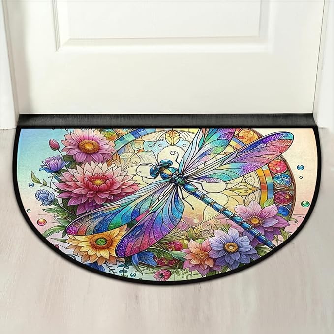 Colorful Dragonfly Flower Half Round Mat Half Moon Door Rug Washable Durable Semi Circle Carpet Floor mats for Indoor Outdoor Bathroom Kitchen Patio Hearth Rug Laundry Room Home Decoration