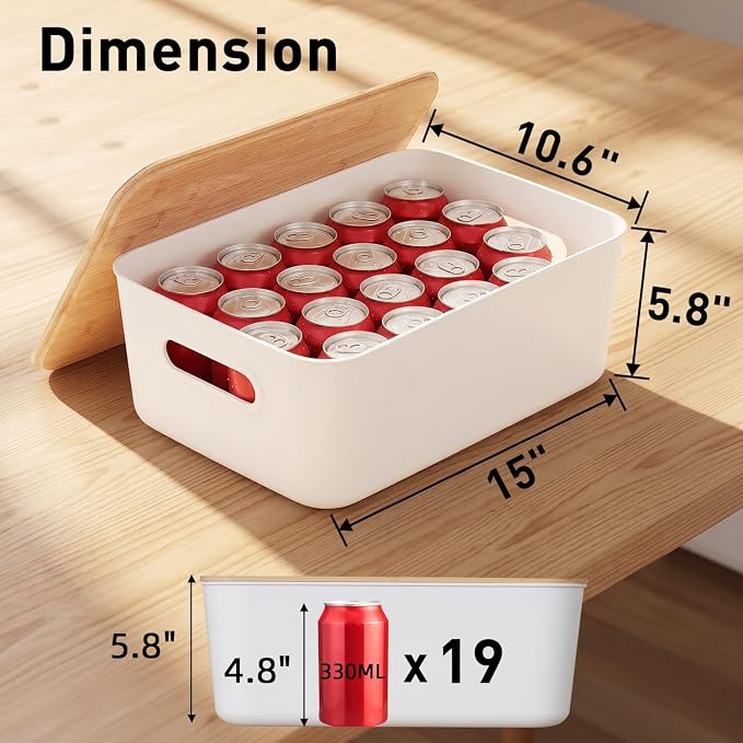 Citylife Storage Bins with Bamboo Lids 16QT Plastic Storage Containers Stackable Organizer Boxes with Handle for Desk Snacks, Toys, 2 PCS, 15" L x 10.6" W x5.8 H